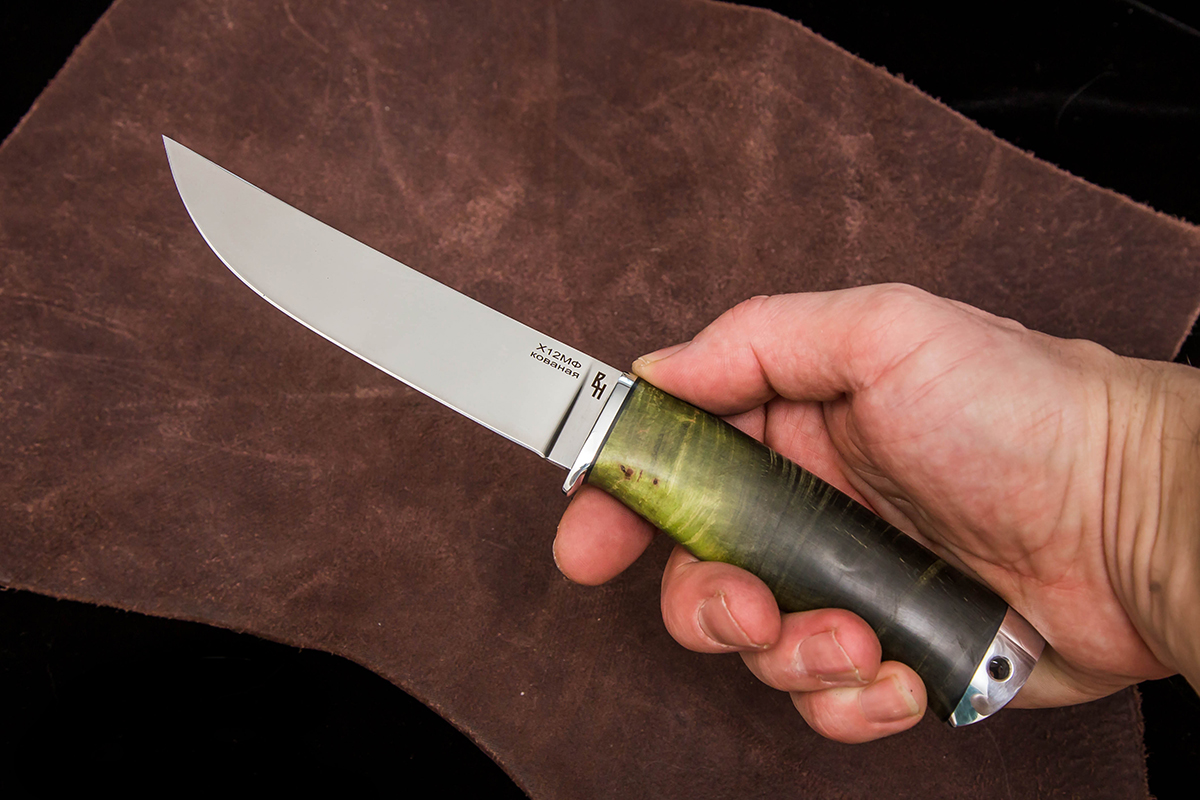 Фото ножа Универсал из стали Х12МФ — 179, сталь х12мф, притин дюраль, стабилизированная карельская береза, тыльник дюраль - 5