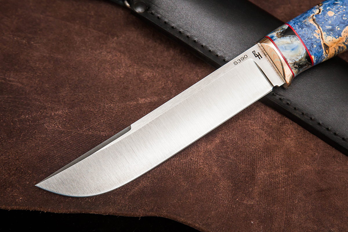 Фото ножа Хищник из стали S390 — 188, сталь s390, притин мокумэ-ганэ, зуб мамонта, кап клена, пин - 2