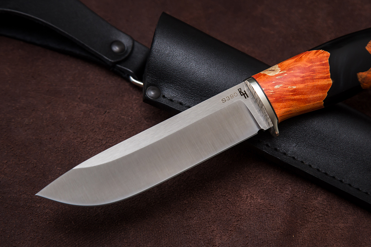 Фото ножа Мурена — 268, сталь s390, притин мельхиор, композит: акрил+кап клена превью - 2