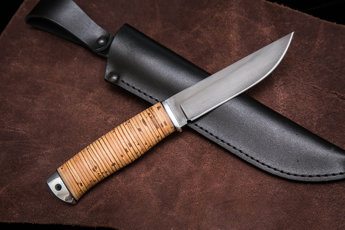 Фото ножа Куница из стали D2 — 186, сталь d2, притин дюраль, береста, тыльник дюраль - 4