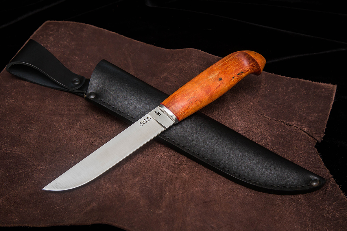 Фото ножа Финский  — 173, сталь х12мф, притин дюраль, стабилизированная карельская береза - 1