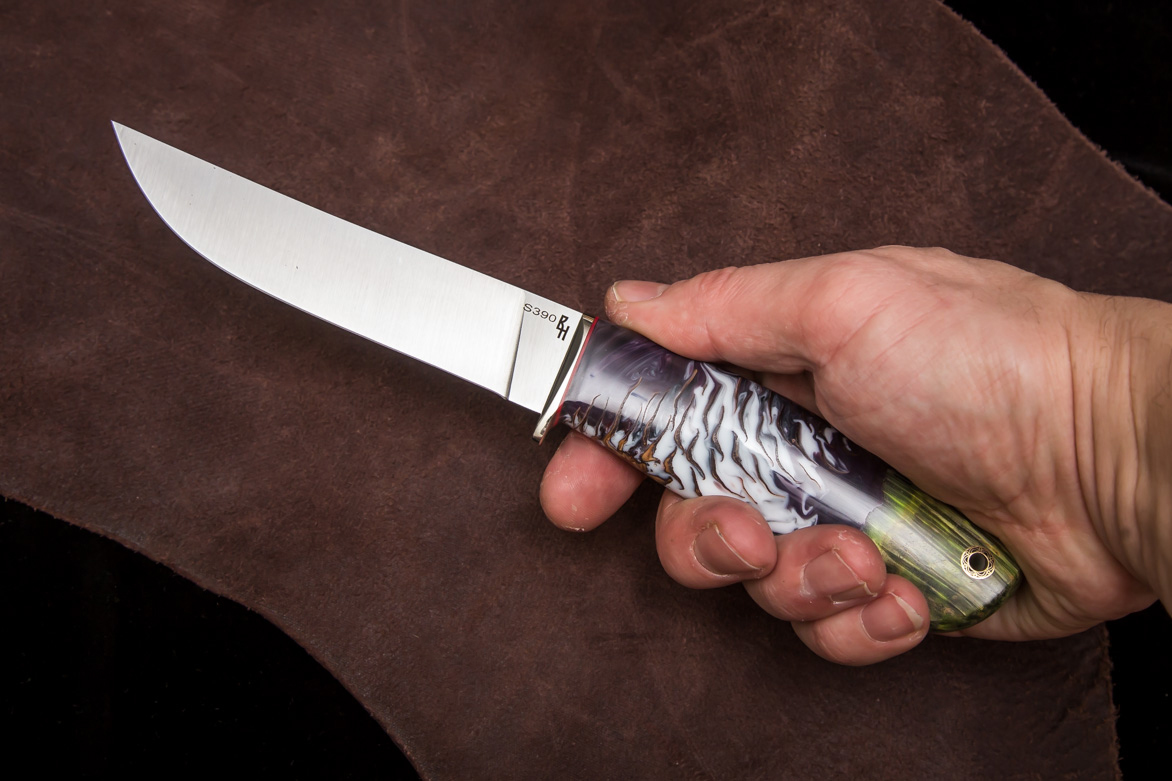 Фото ножа Универсал из стали S390 — 143, сталь s390, притин мельхиор, композит: шишка в акриле + кап клена - 5