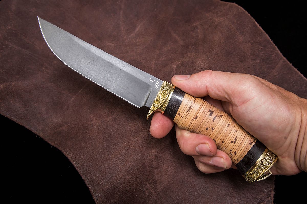 Фото ножа Лиса из стали D2 — 192, сталь d2, литье латунь, береста граб - 5