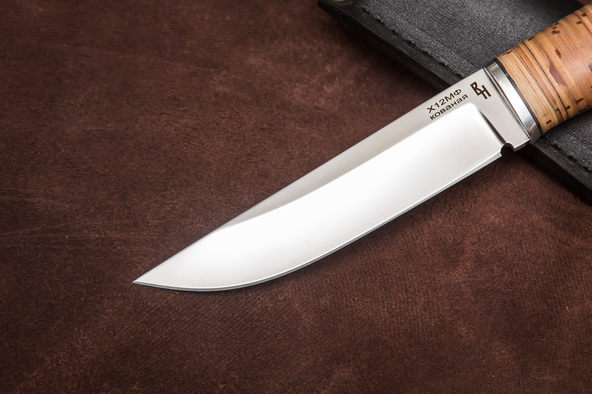 Фото ножа Куница — 115, сталь х12мф, притин дюраль, береста, тыльник дюраль - 2