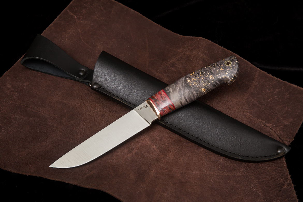 Фото ножа Егерь — 141, сталь s390, притин макумэ, зуб мамонта, кап клена, пин - 1