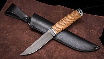 Фото ножа Куница из стали D2 — 186, сталь d2, притин дюраль, береста, тыльник дюраль