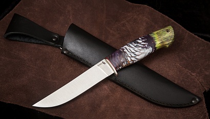 Фото ножа Универсал — 143, сталь s390, притин мельхиор, композит:шишка в акриле+ кап клена