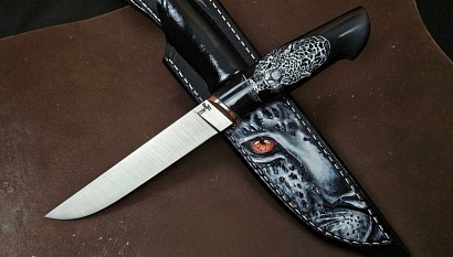 Фото ножа Финский из стали S390 — 214, сталь s390, притин мокумэ-ганэ, рог буйвола, скримшоу, форм ножны