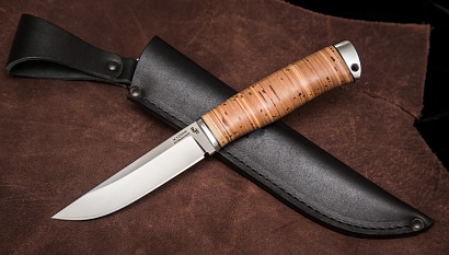 Фото ножа Куница — 115, сталь х12мф, притин дюраль, береста, тыльник дюраль